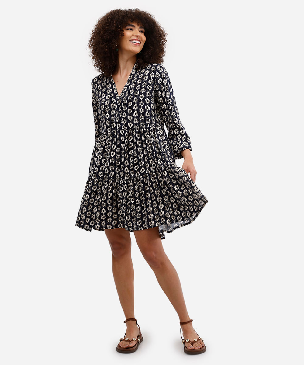 vestido curto feminino de viscose com recortes estampado azul
