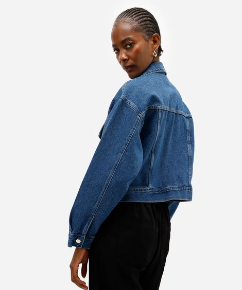 jaqueta jeans feminina cropped barra a fio azul