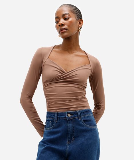 blusa feminina de poliamida franzida marrom