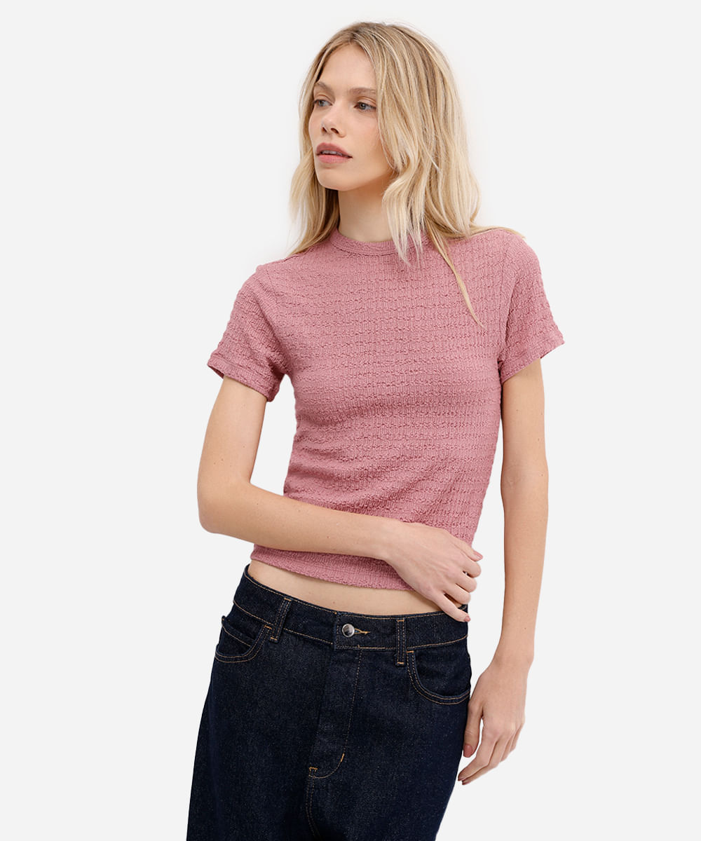 blusa baby look feminina básica texturizada rosa