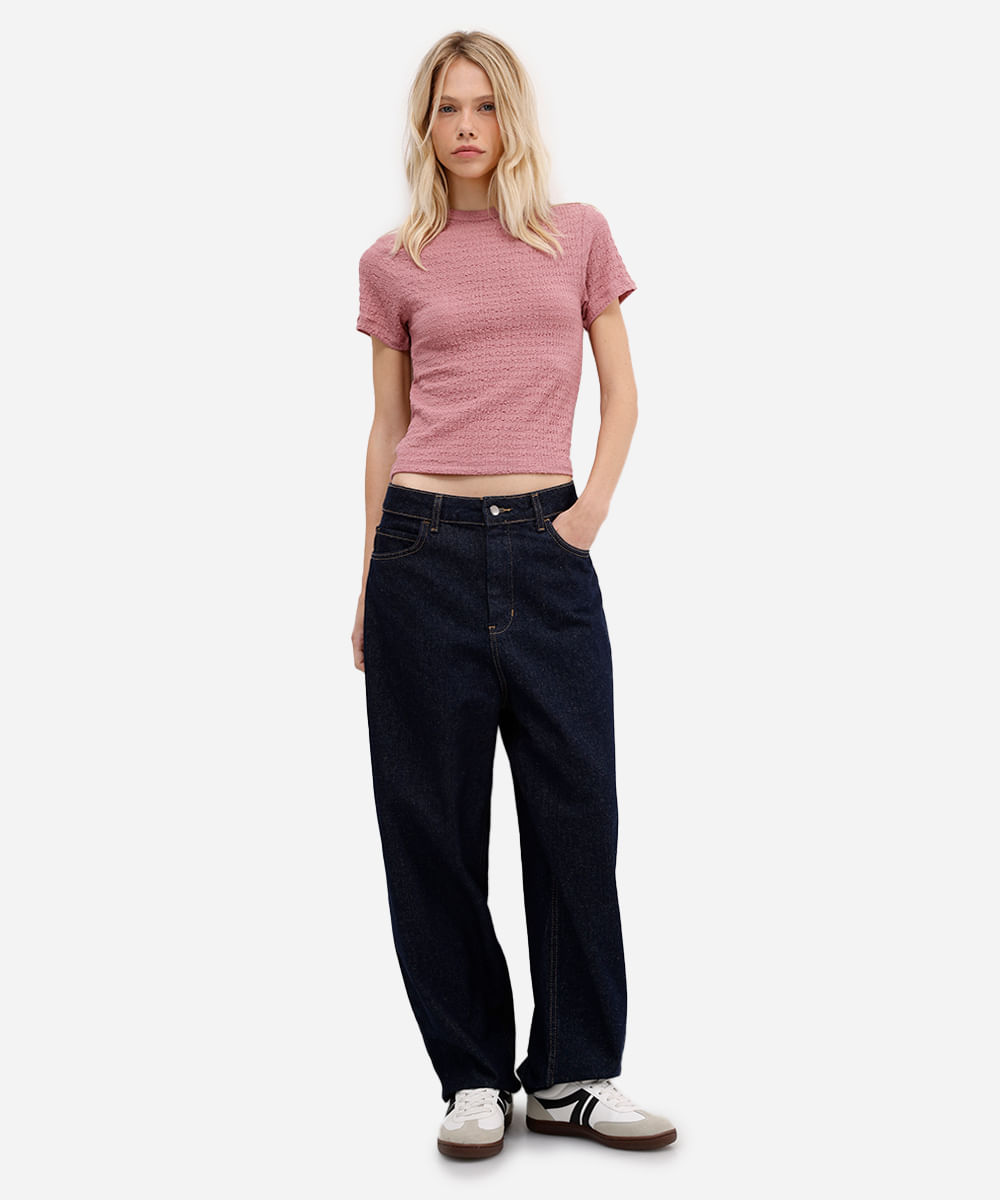 blusa baby look feminina básica texturizada rosa