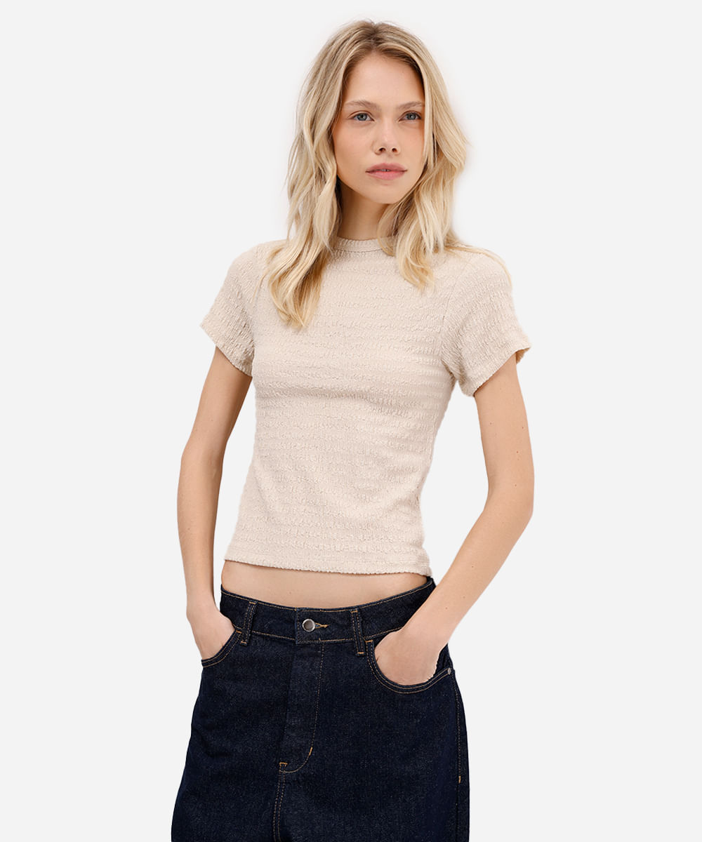 blusa baby look feminina básica texturizada bege