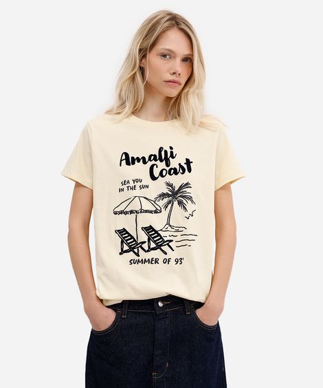 camiseta feminina de algodão estampada texturizada amarela