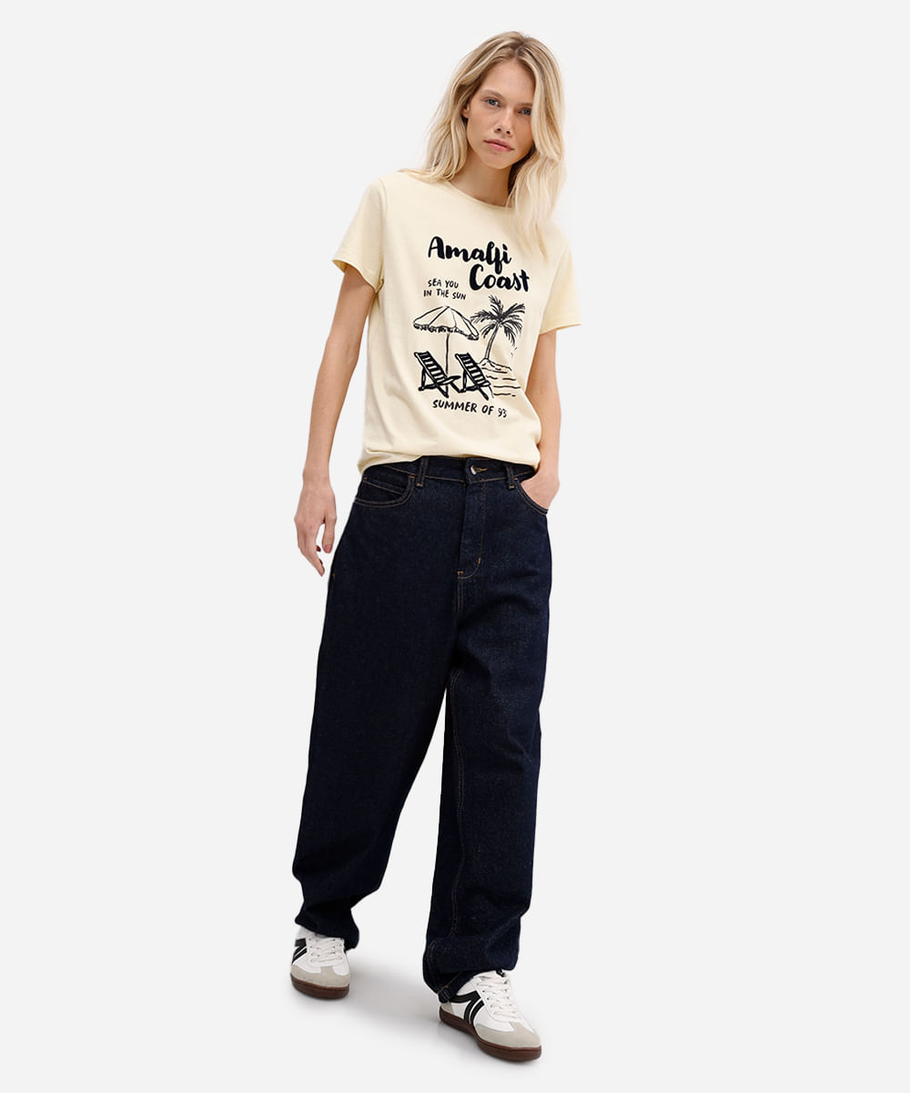 camiseta feminina de algodão estampada texturizada amarela