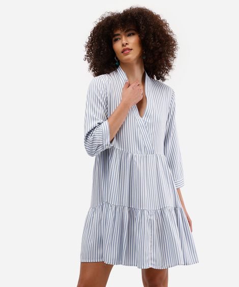 vestido curto feminino de viscose com recortes listrado azul