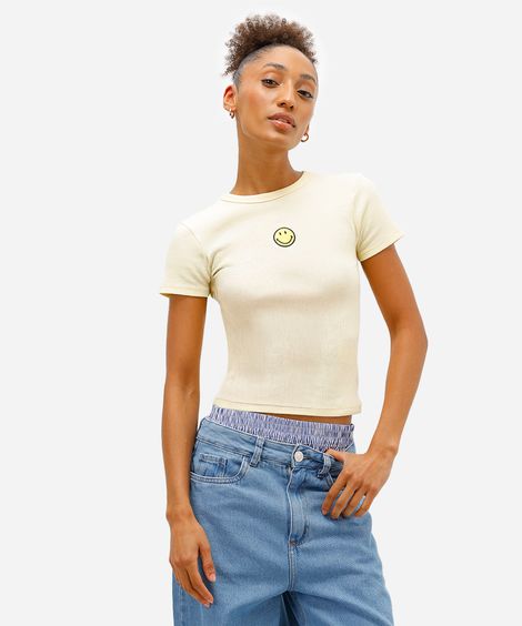 blusa baby look feminina de algodão canelada smiley amarela