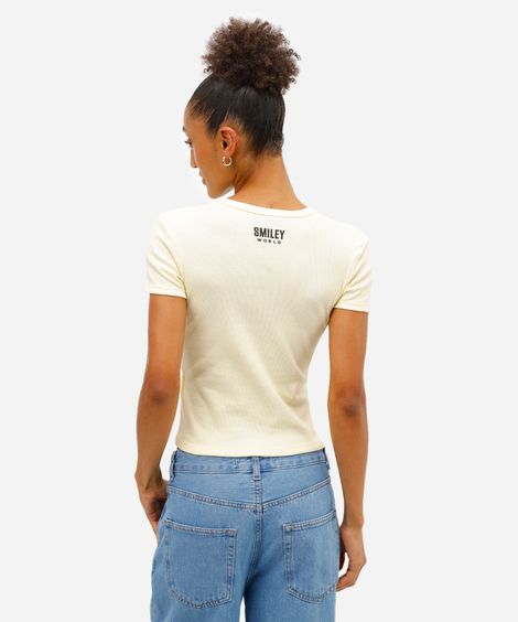blusa baby look feminina de algodão canelada smiley amarela