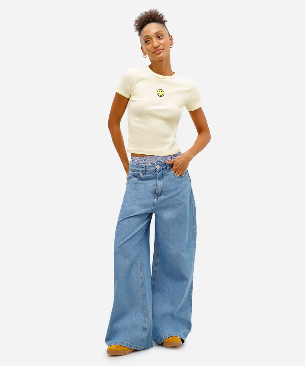 blusa baby look feminina de algodão canelada smiley amarela