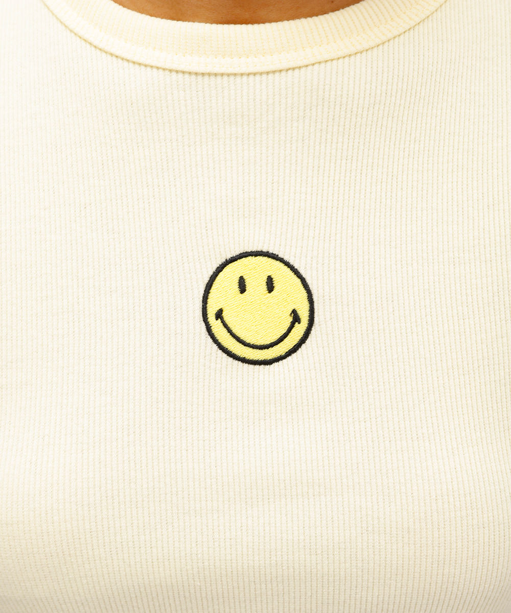 blusa baby look feminina de algodão canelada smiley amarela