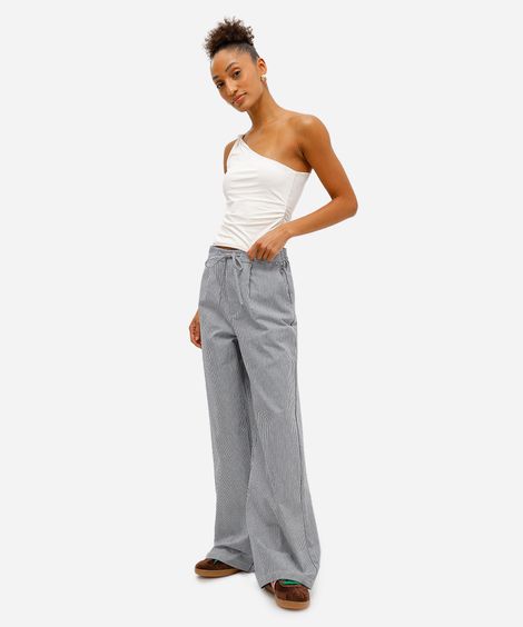 calça wide leg feminina de sarja com cordão listrada azul