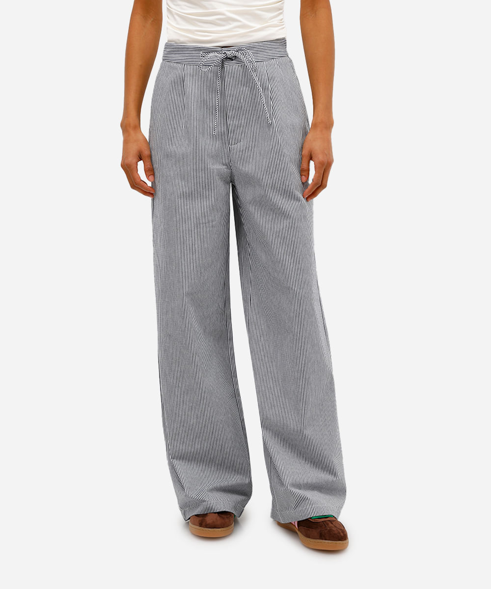 calça wide leg feminina de sarja com cordão listrada azul