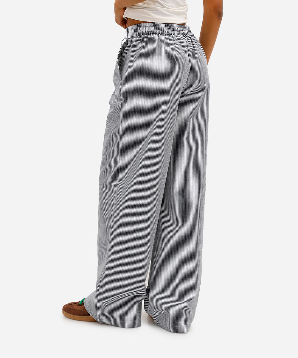 calça wide leg feminina de sarja com cordão listrada azul