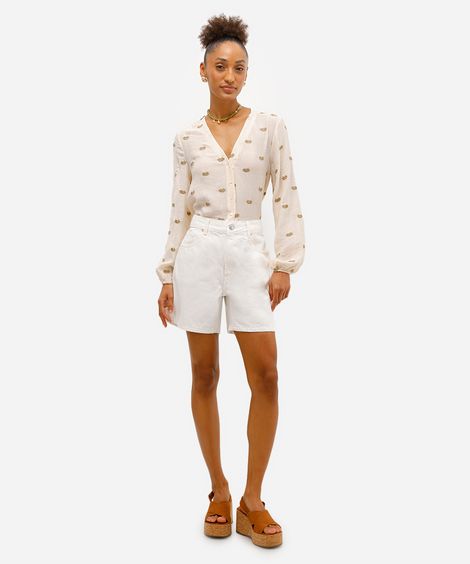 bermuda mom feminina de sarja com fendas off white
