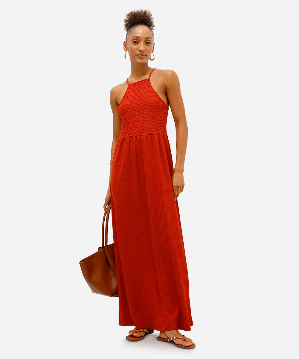 vestido midi feminino alça fina texturizado laranja