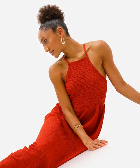 vestido midi feminino alça fina texturizado laranja