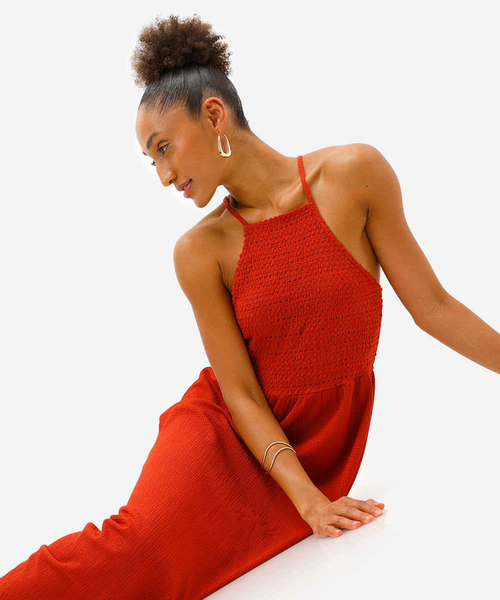 vestido midi feminino alça fina texturizado laranja