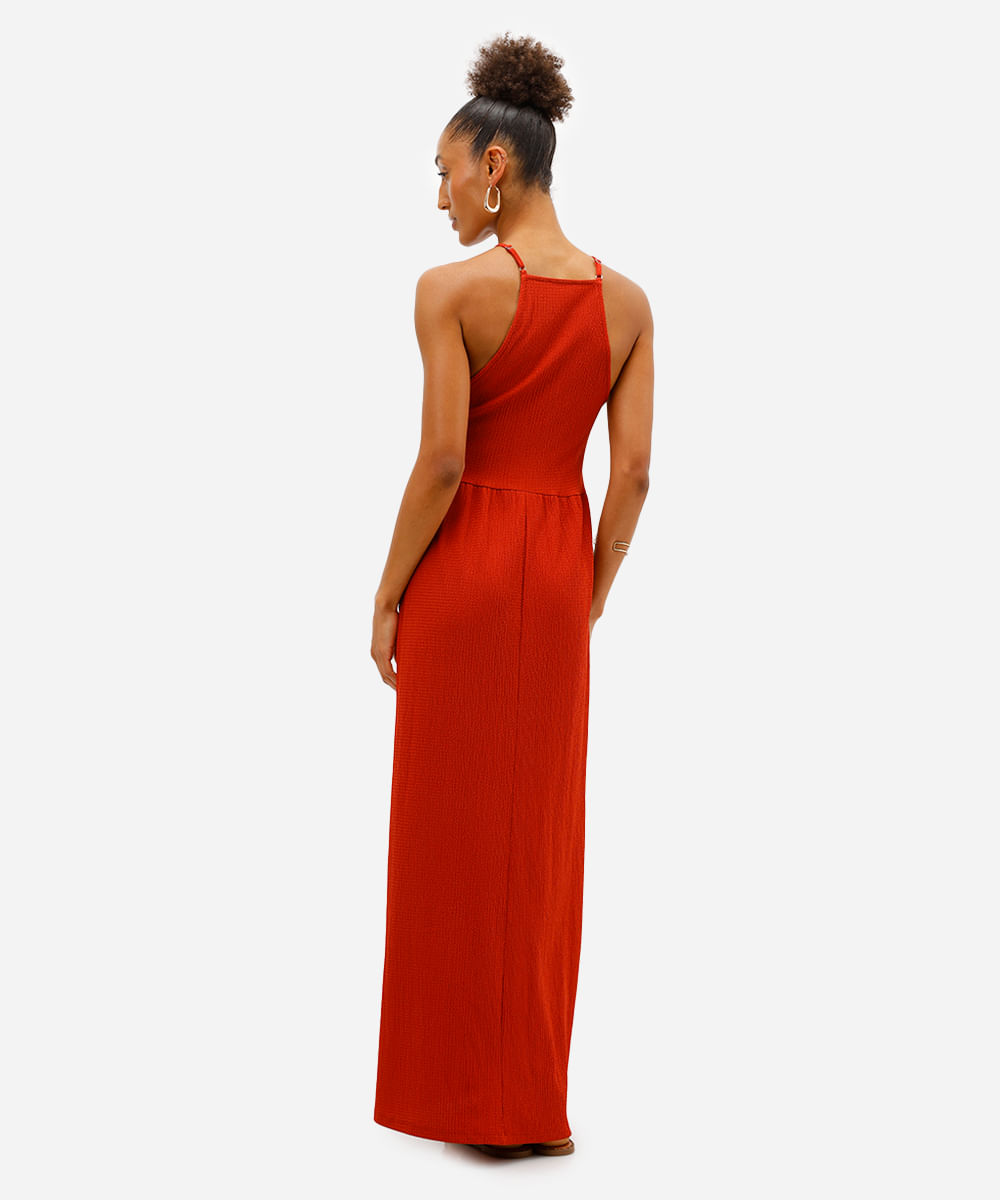 vestido midi feminino alça fina texturizado laranja