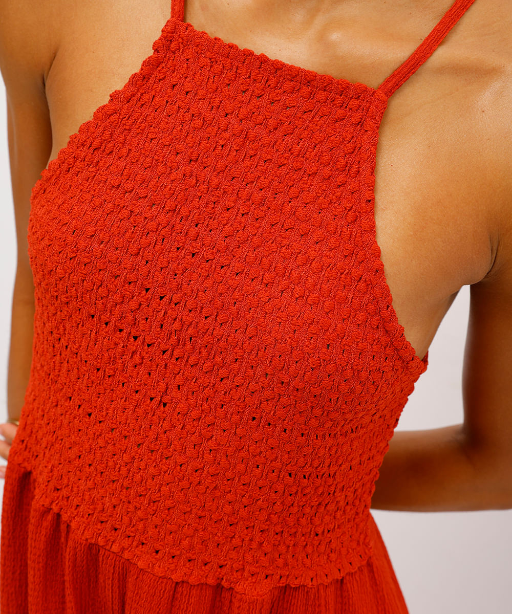vestido midi feminino alça fina texturizado laranja