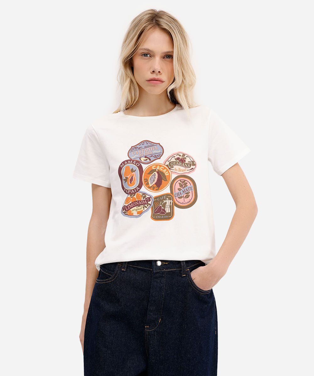 camiseta feminina de algodão frutas off white