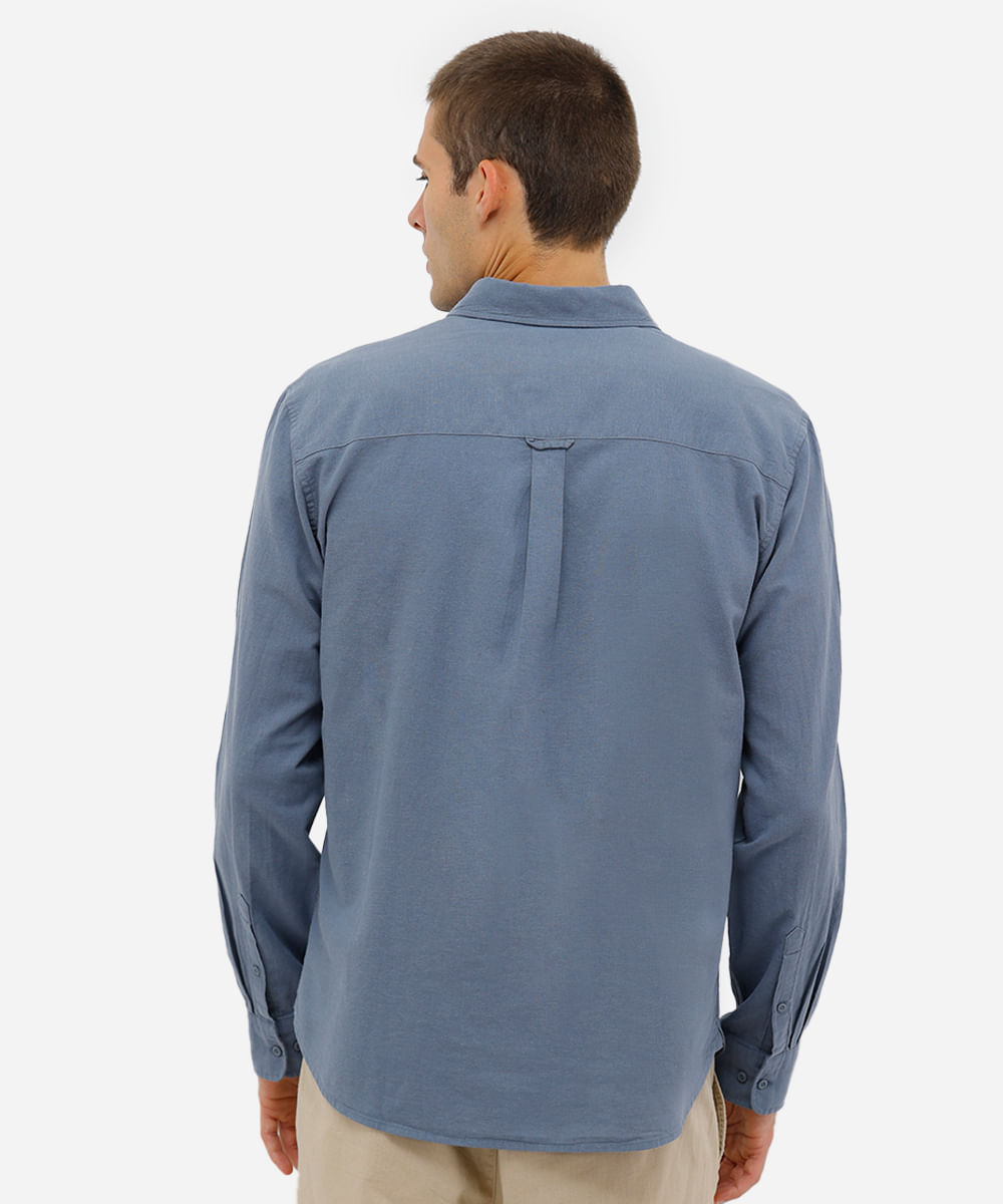 camisa comfort com linho manga longa azul