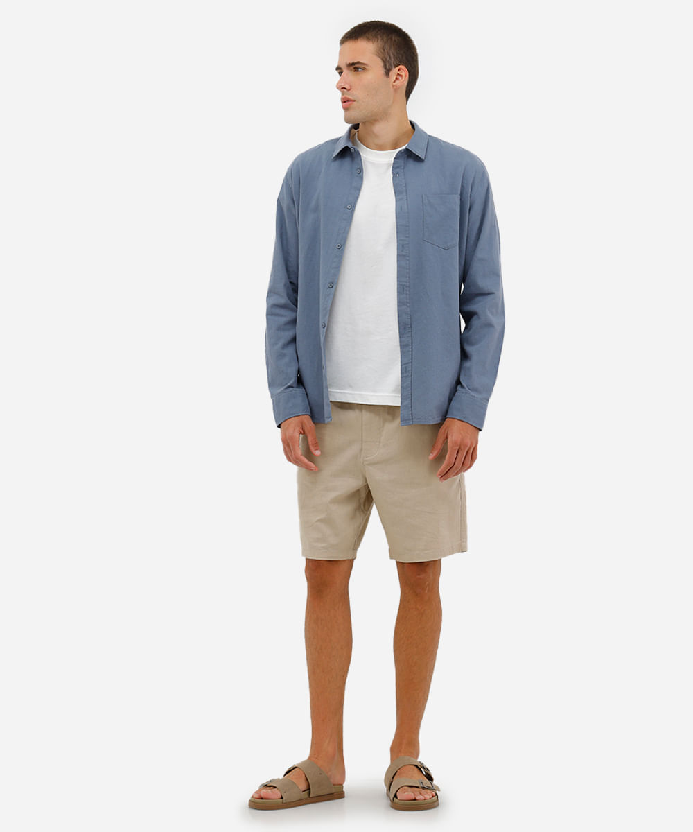 camisa comfort com linho manga longa azul
