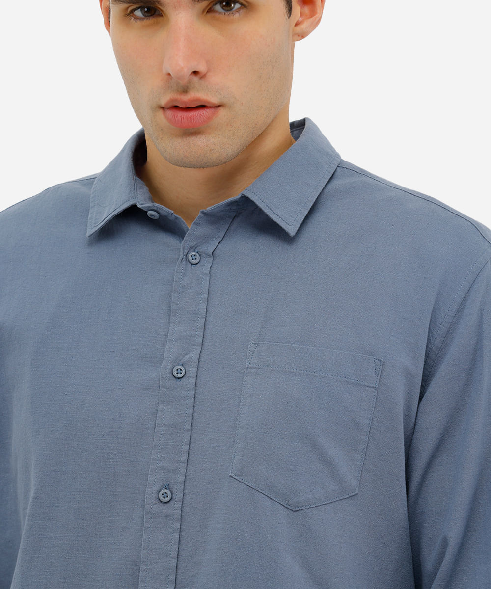 camisa comfort com linho manga longa azul