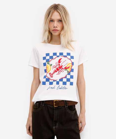 camiseta feminina de algodão manga curta lagosta off white