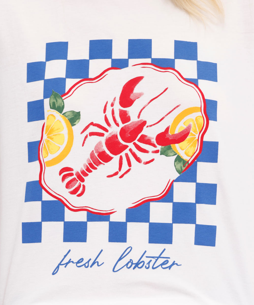 camiseta feminina de algodão manga curta lagosta off white