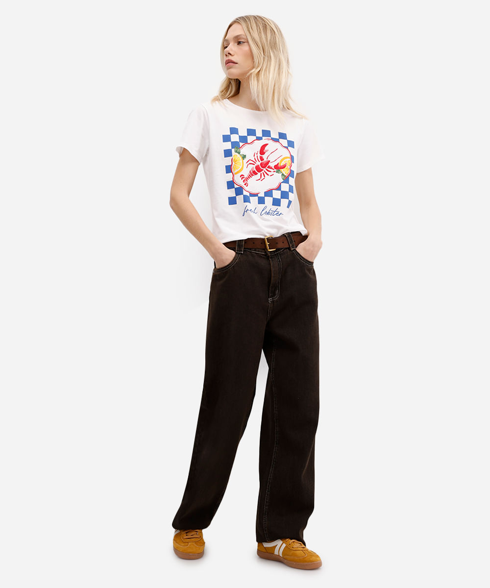 camiseta feminina de algodão manga curta lagosta off white