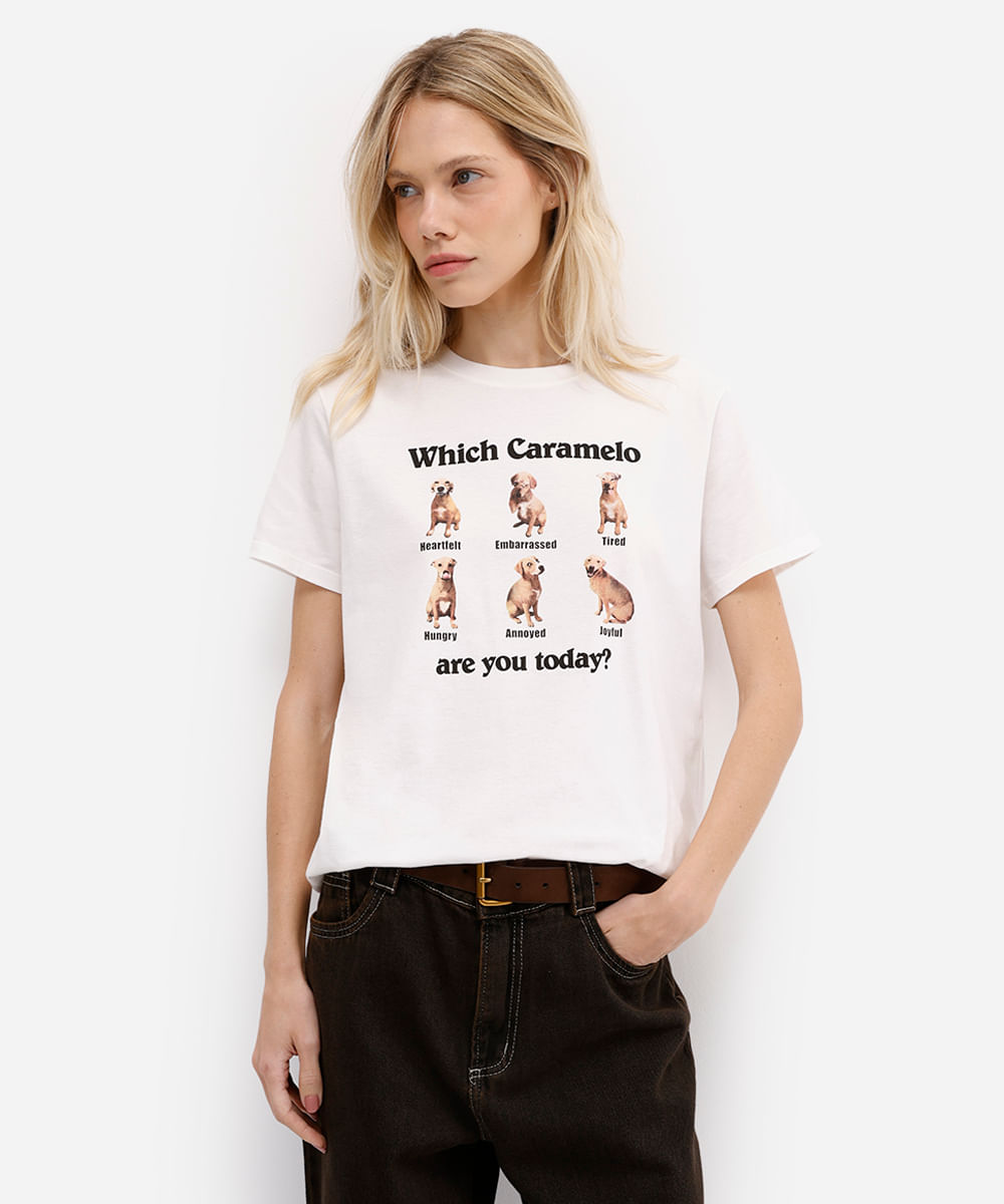 camiseta feminina de algodão cachorro caramelo off white