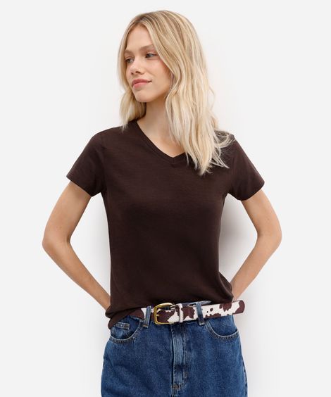 camiseta feminina flamê de algodão básica manga curta decote v marrom