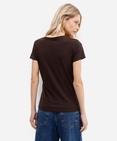 camiseta feminina flamê de algodão básica manga curta decote v marrom