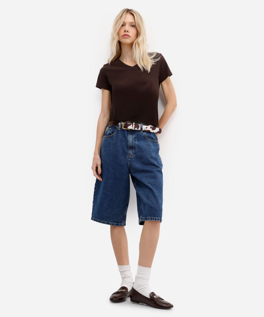 camiseta feminina flamê de algodão básica manga curta decote v marrom