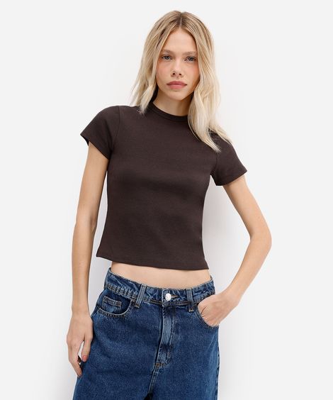 blusa feminina de algodão canelada manga curta marrom