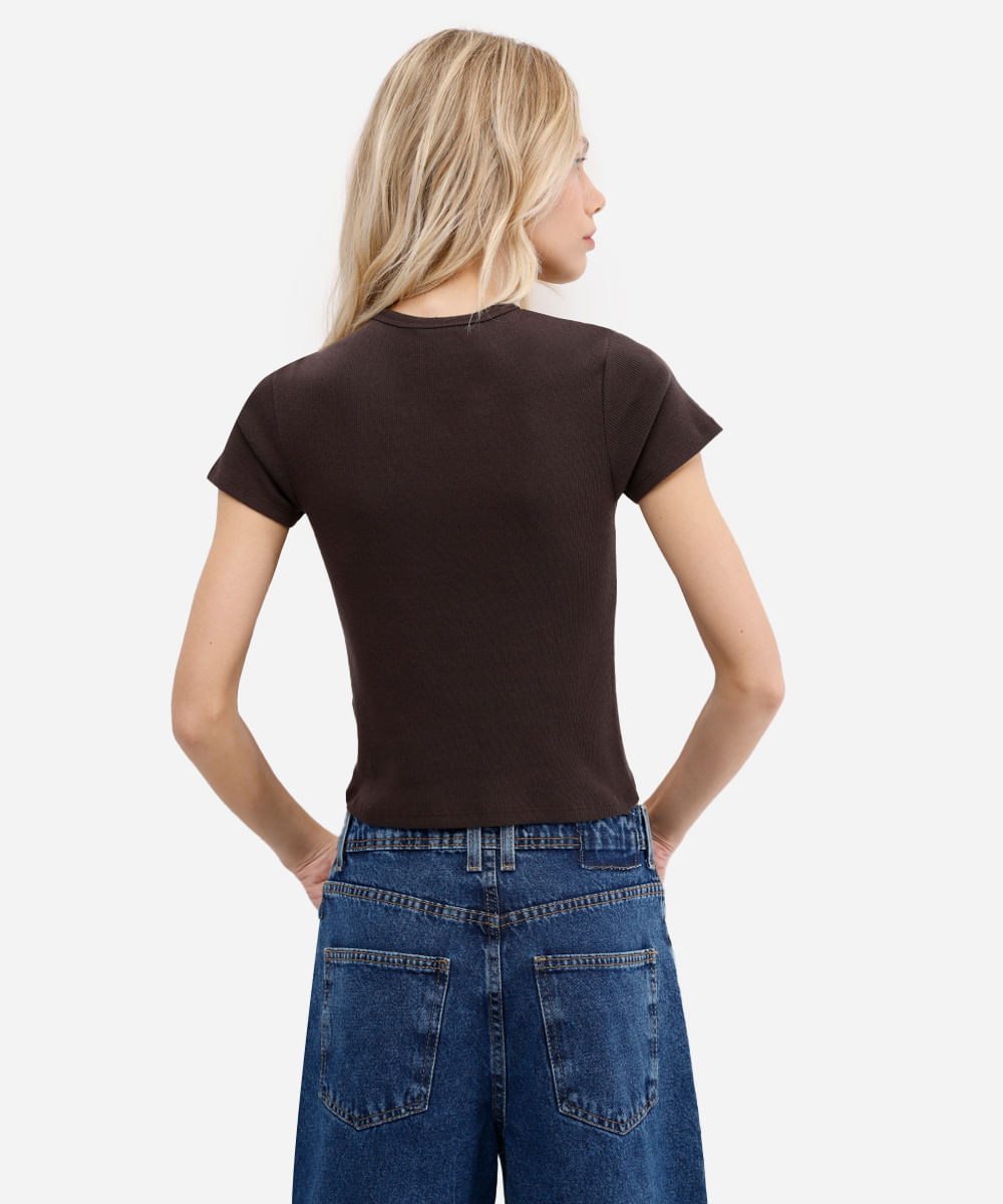 blusa feminina de algodão canelada manga curta marrom