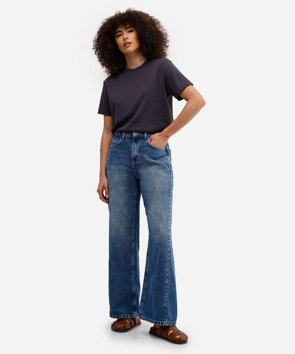 calça wide leg feminina jeans cintura alta azul