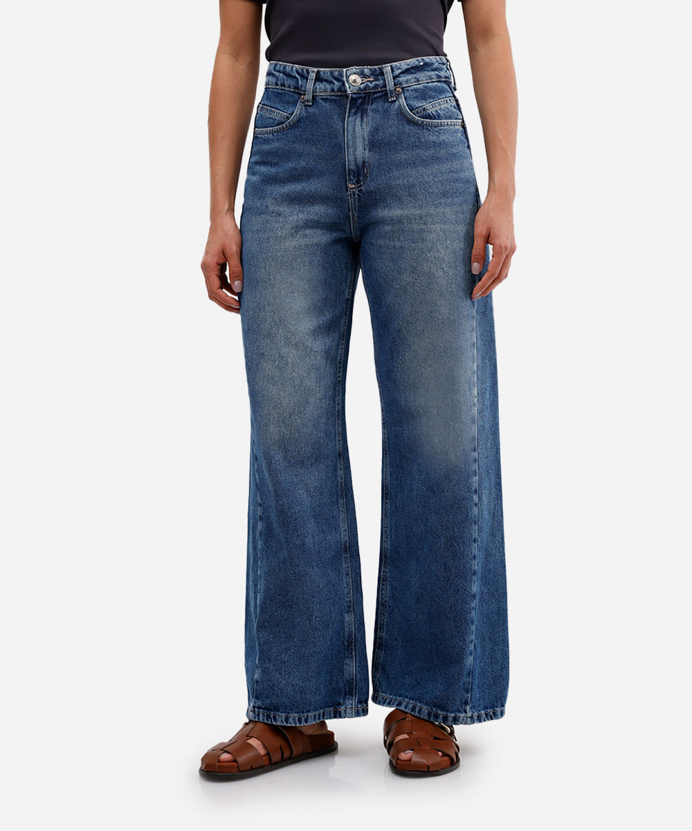 calça wide leg feminina jeans cintura alta azul
