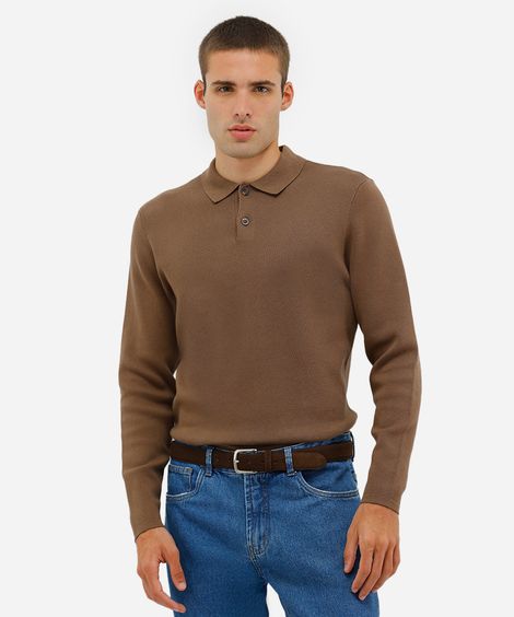 polo comfort masculina de tricot manga longa bege