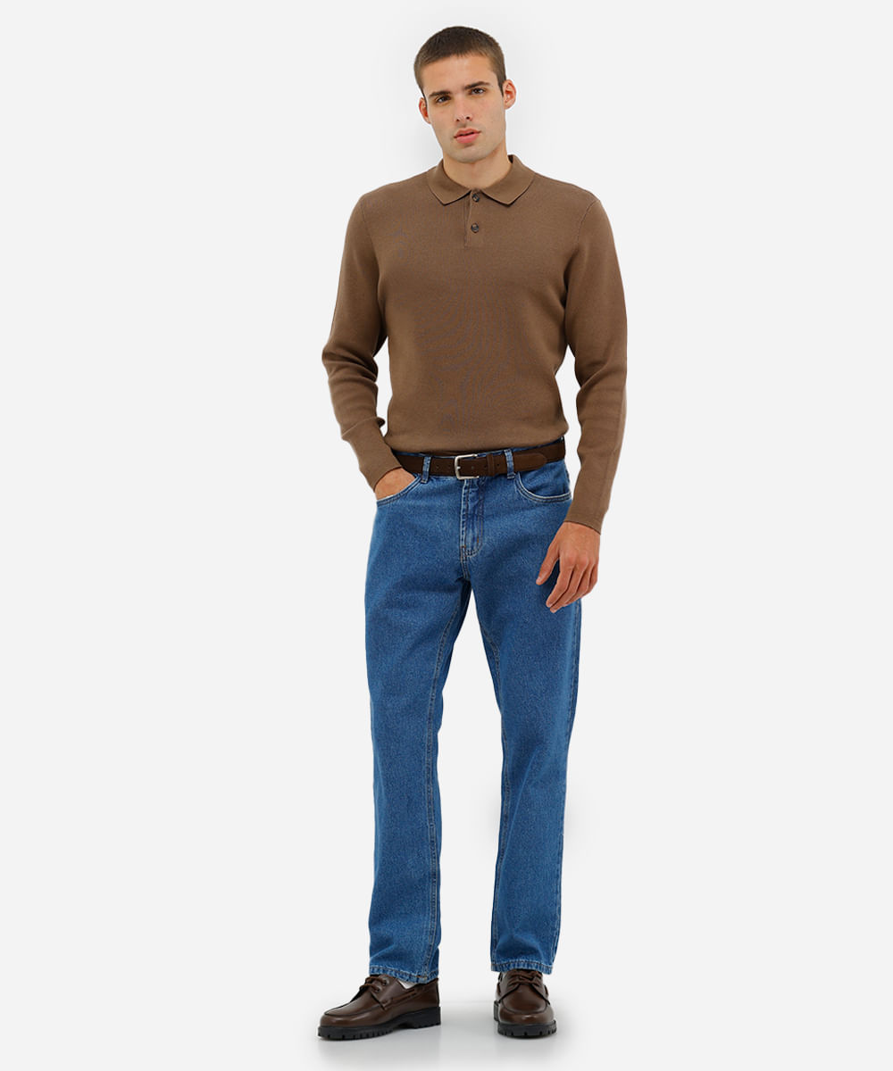polo comfort masculina de tricot manga longa bege