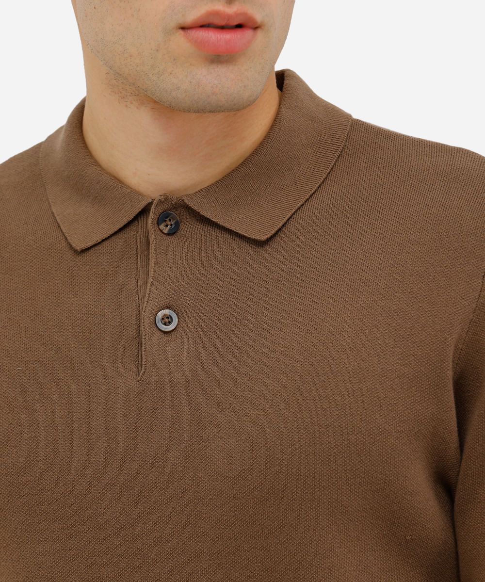 polo comfort masculina de tricot manga longa bege
