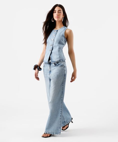 calça wide leg feminina jeans com cinto azul