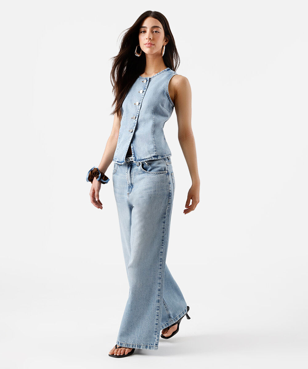 calça wide leg feminina jeans com cinto azul