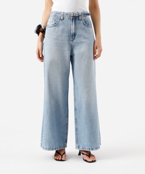 calça wide leg feminina jeans com cinto azul