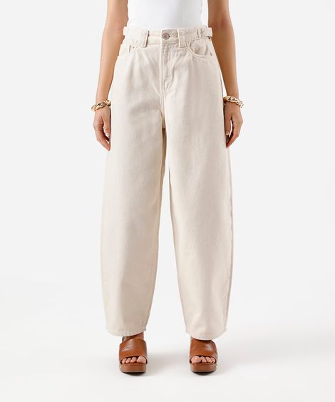 calça baggy feminina de sarja cintura ajustável bege