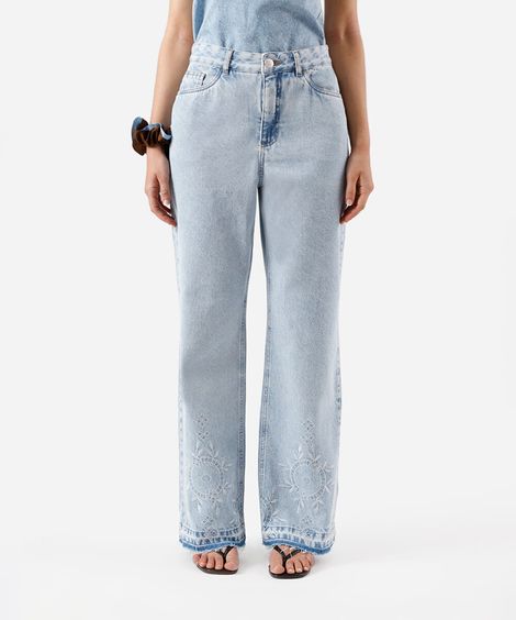 calça wide leg slim feminina jeans bordada azul