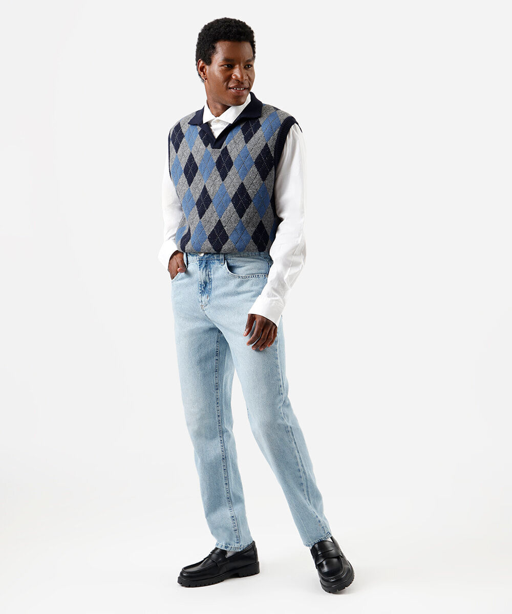 calça reta masculina jeans azul