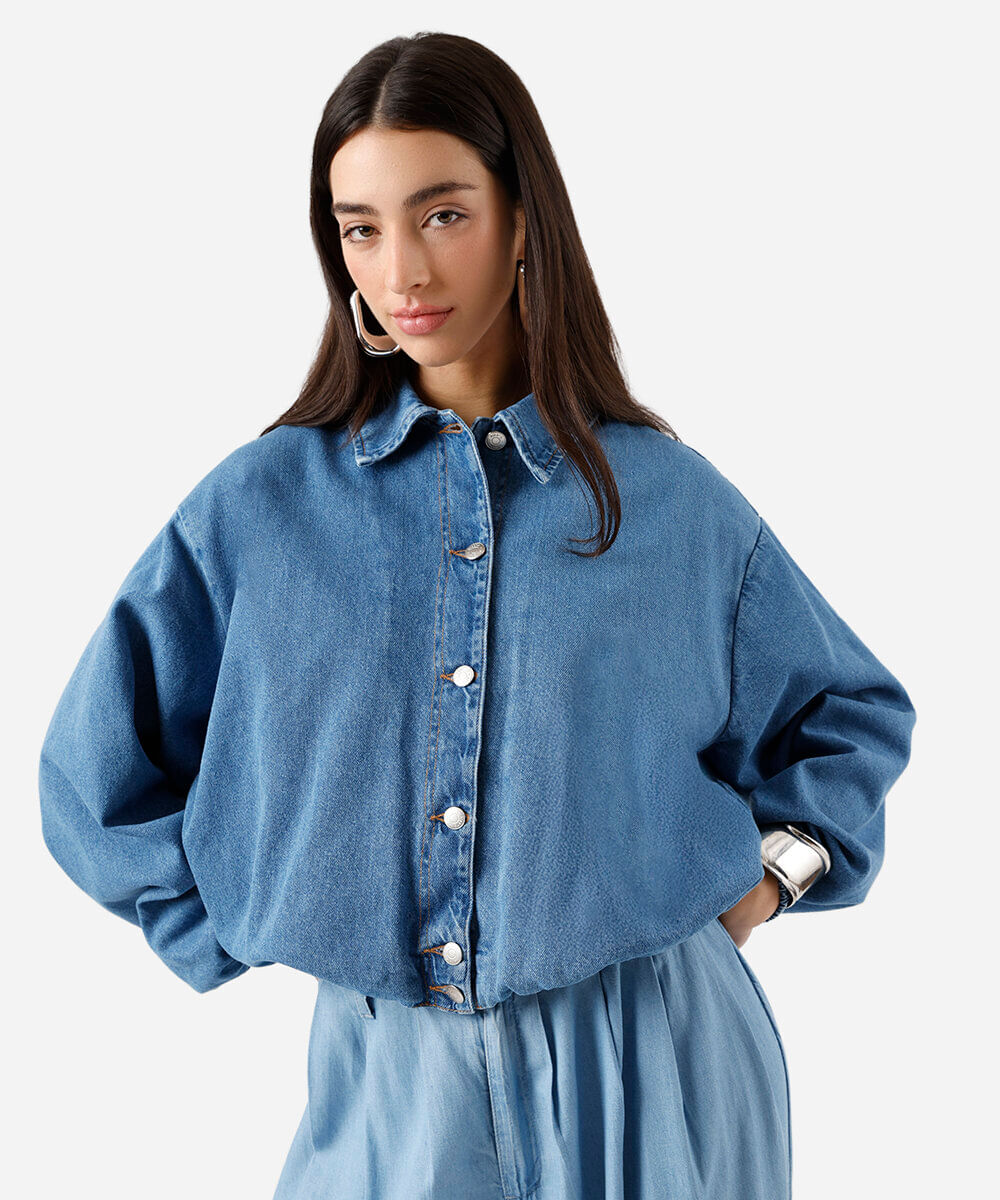 jaqueta balonê feminina jeans cropped azul