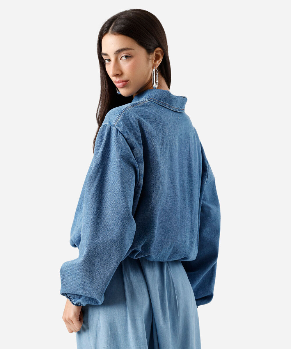 jaqueta balonê feminina jeans cropped azul