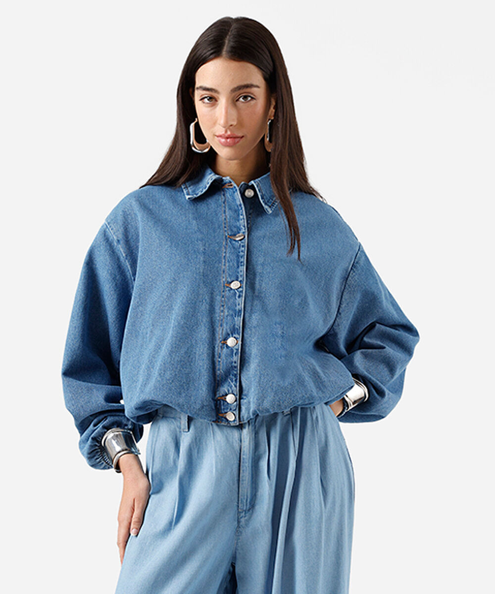 jaqueta balonê feminina jeans cropped azul