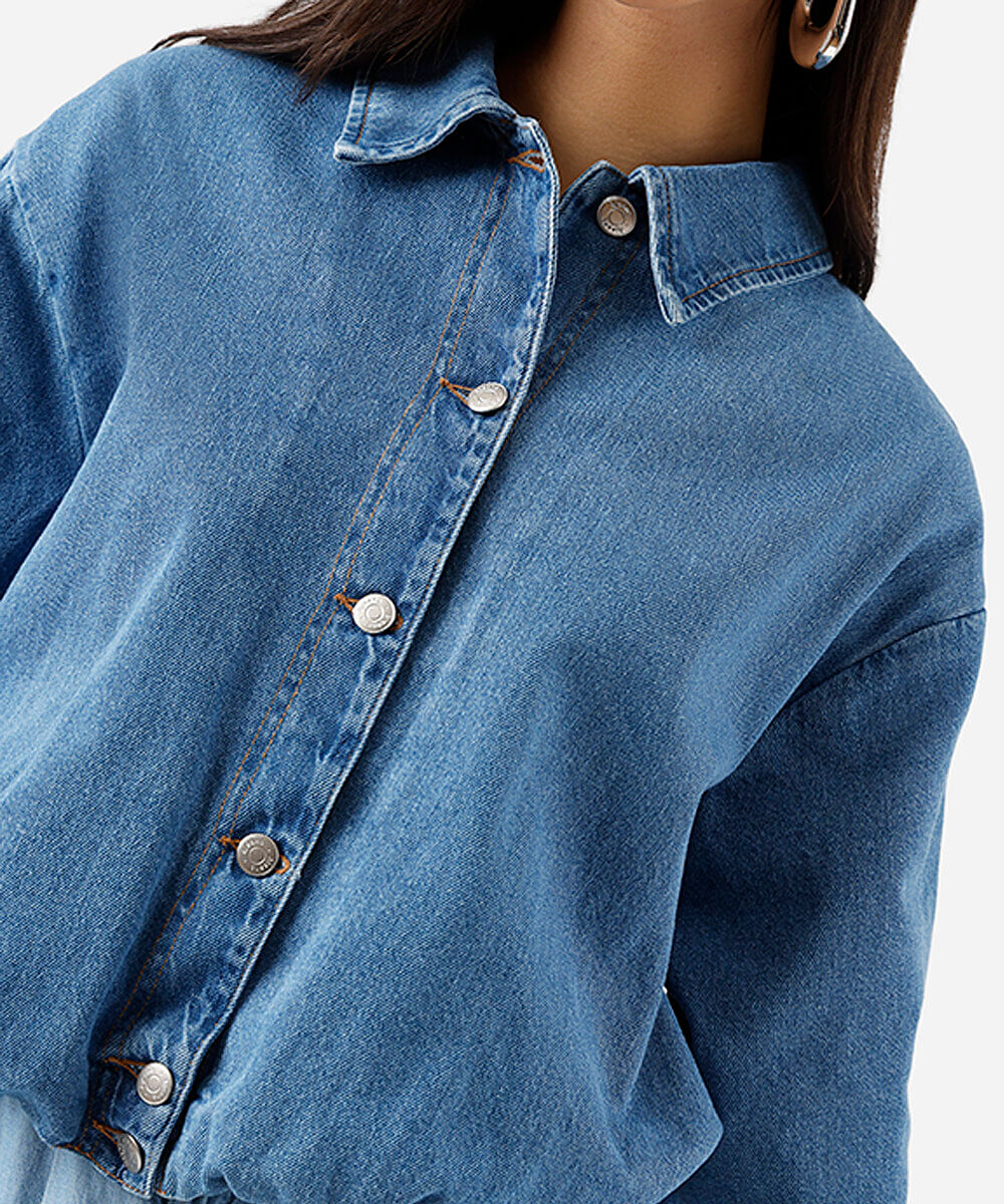 jaqueta balonê feminina jeans cropped azul